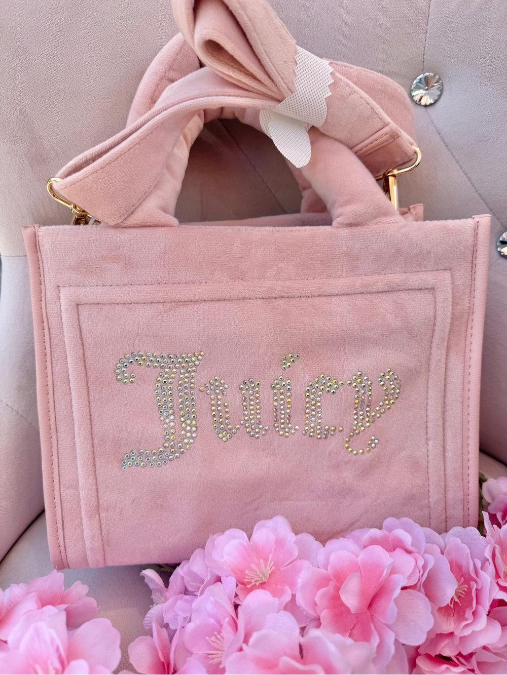 Juicy Couture Blush Pink Velvet Rhinestone Logo Tote with Bow